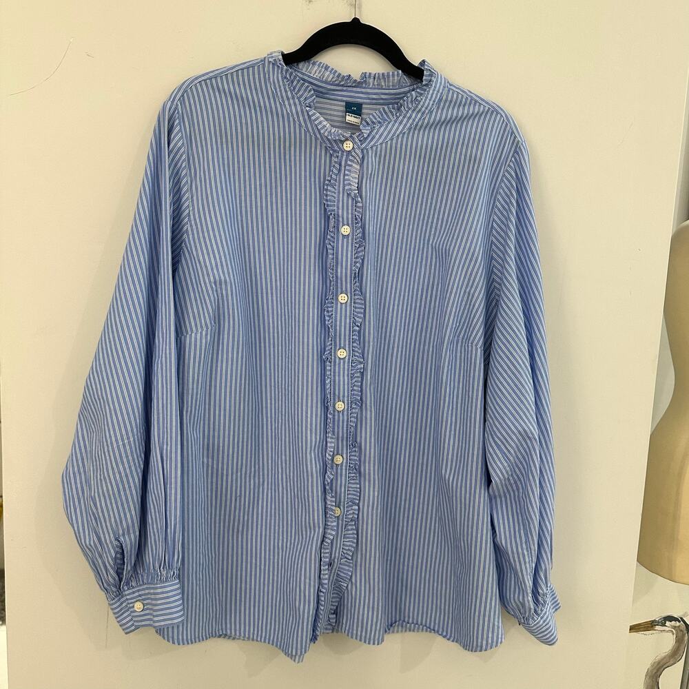 Old Navy Blue White Striped Ruffle Centered Button Down Shirt 2X Poplin Collar